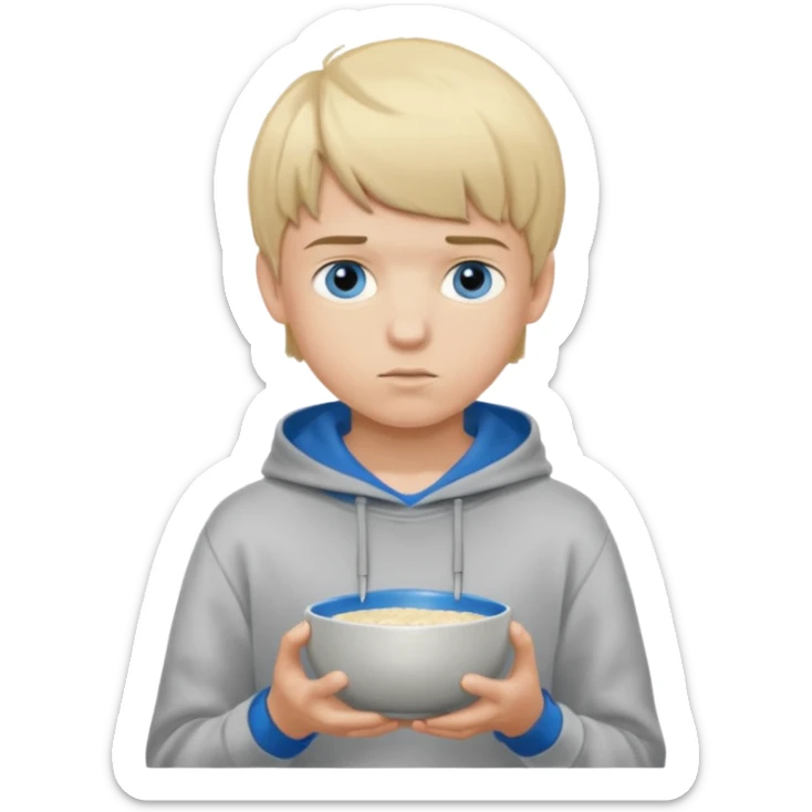 Teen boy with blue eyes and Grey hoodie standing up with blond short bowl cut sticker