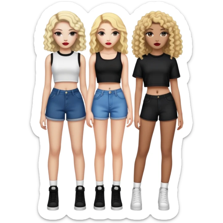 Full body of two teenage girls standing together, one white with straight blonde hair and one brown-skinned with curly dark hair, both with heavy makeup, big lips, crop tops and choni style clothing sticker