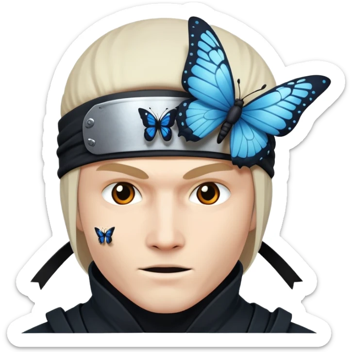 Crea un emoji con estos dos emoji 🥷🏻🦋
él ninja de piel blanca con la mariposa posada en cabeza como si estuviera volando. sticker