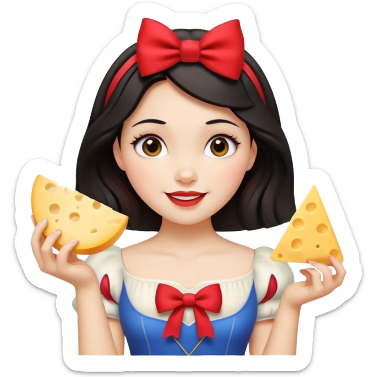 Happy Disney Snow White with red bow in hair and holding triangle wedge of cheese sticker