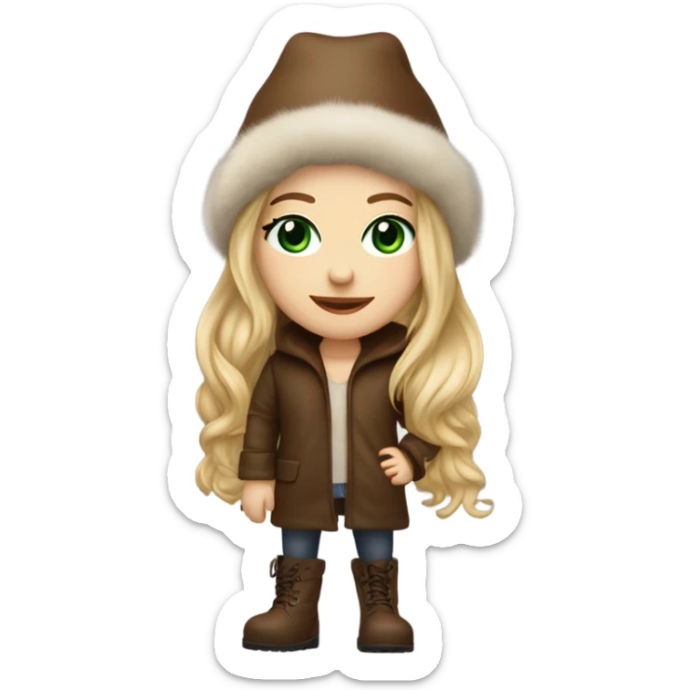 Realistic White girl with Long straight blonde hair, green eyes, tattoos, full body wearing Brown fur coat and fur hat and Brown leather boots, doing cute pose sticker
