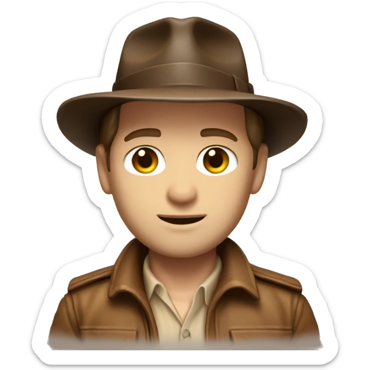 White skin Indiana Jones with a brown jacket and a brown hat, brown hair, beige shirt sticker