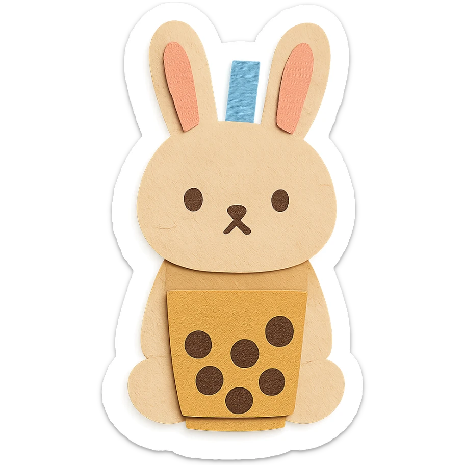 full-body milk tea bunny sitting still with blank stare, nose and mouth not see-through sticker