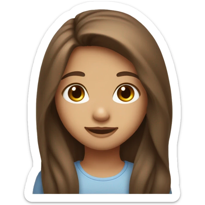 a girl with blue eyes, brown long hair, mole under the lips, light skin, cute smiling face sticker