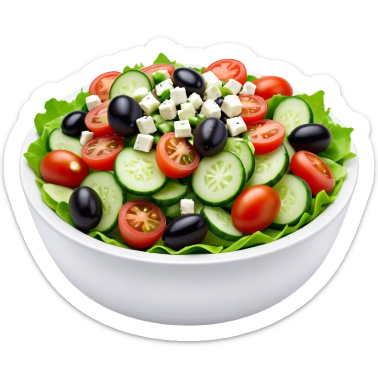 Cinematic Realistic Greek Salad Dish Emoji, depicted with crisp lettuce, tomatoes, cucumbers, olives, and feta cheese rendered with vibrant textures and fresh, natural lighting. sticker