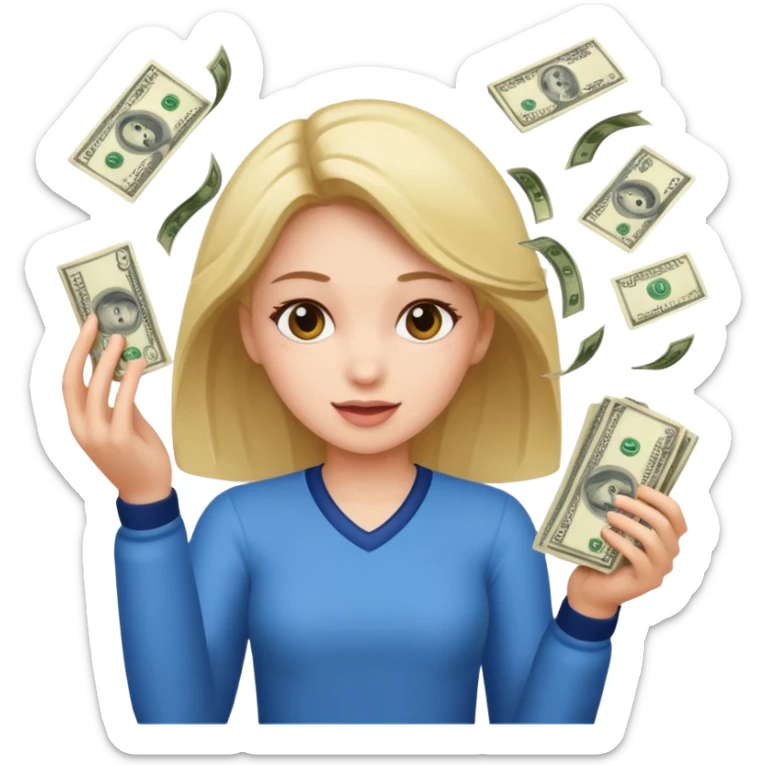 Haz un emote de una chica lanzado lluvia de billetes en formato gifg sticker