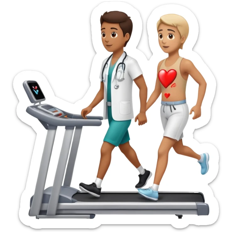 patient walking on a treadmill, doctor observing from the side, heart monitor visible sticker