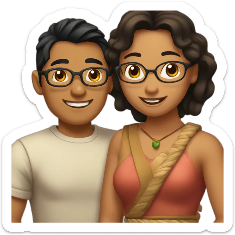 Polynesian boy with black hair and no glasses and woman with brown ponytail hair and glasses hug each other sticker