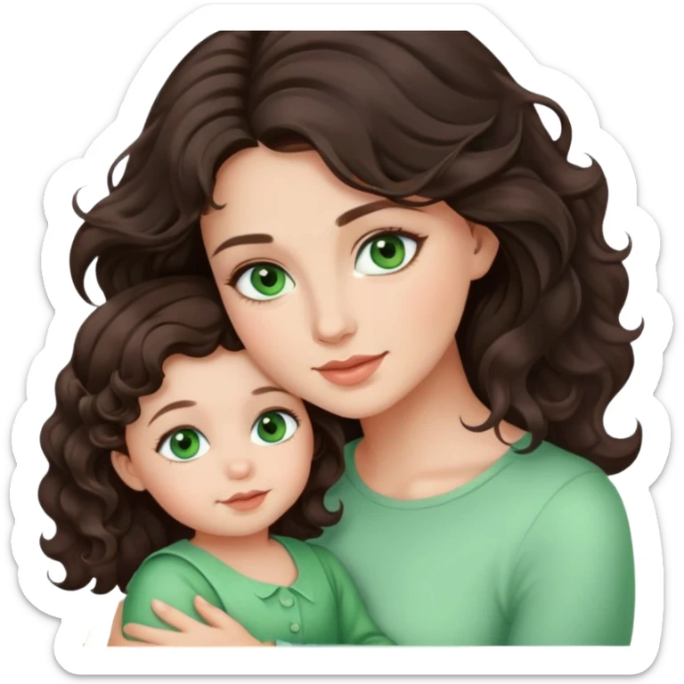Beautiful girl with dark brown wavy hair and green eyes, holding toddler girl sticker