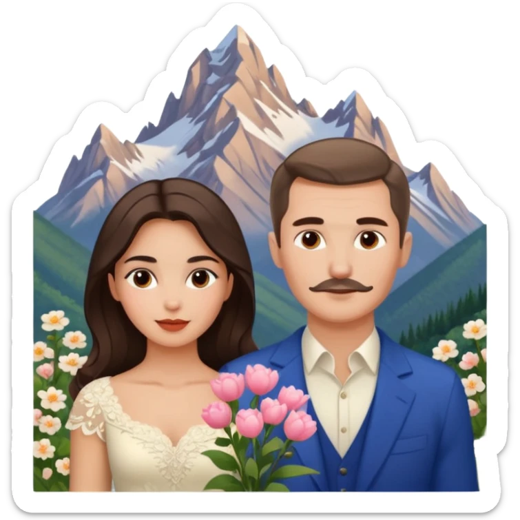 Couple traveling in Montenegro russian man and elegant  Latina girl delicate flowers and mountains in the background no mustache  sticker