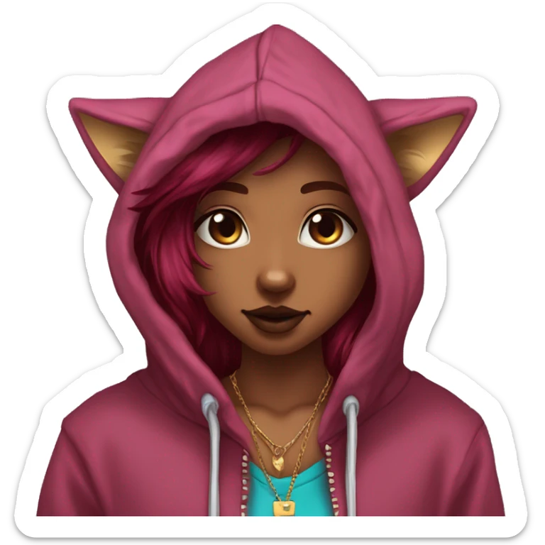 Deep pink maroon burgundy cyan dark hoodie fox coyote dyed hair and gold piercings nose piercing ear piercings coyote wearing hoodie sticker