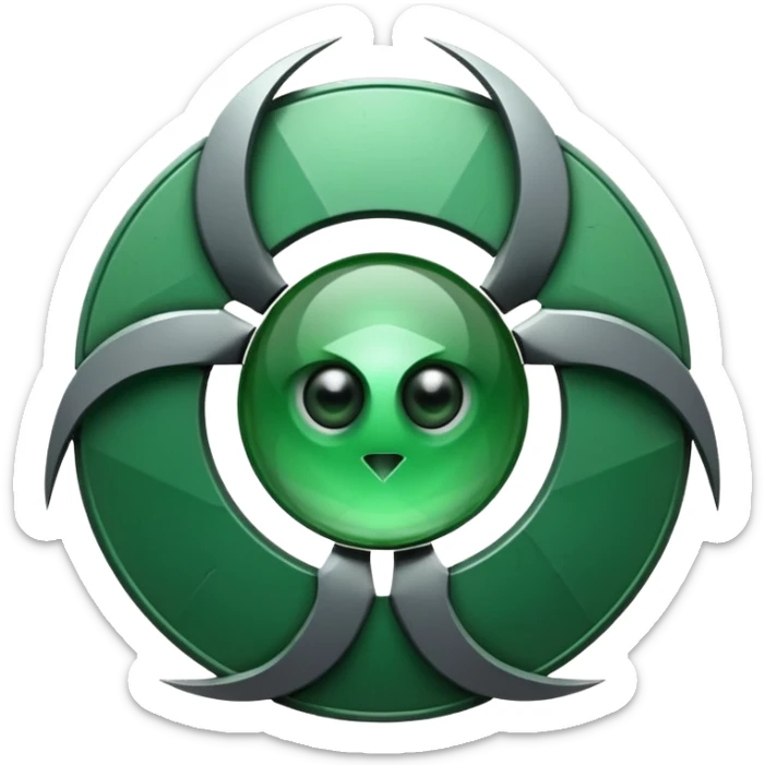 Minimalist emoji-style sticker of a fractured biohazard symbol with a small eye in the center. Stylized, geometric, no text.
 sticker