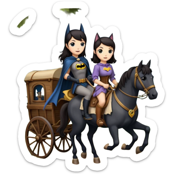  Rustic wood detailed 1854 Batman driving and pretty dark-haired Catgirl riding a horse drawn huge Caravan alone together on a romantic trail in the woods  sticker