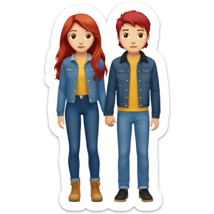 full-length couple, girl with long red hair and brown eyes in blue jeans and yellow top, boy with black hair in denim jacket sticker
