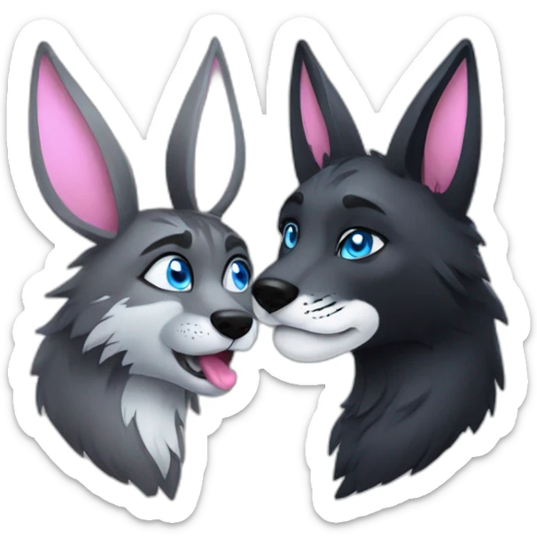 Black wolf with blue eyes kissing gray tiger with pink eyes and big rabbit ears sticker