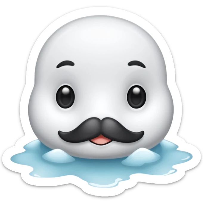 Esta es una imagen de una cría de foca arpa (conocida como whitecoat) descansando sobre el hielo.Es prácticamente una esfera perfecta de pelaje blanco y esponjoso.Tiene ojos oscuros, una nariz negra pequeña y bigotes largos que resaltan sobre su cara clara sticker