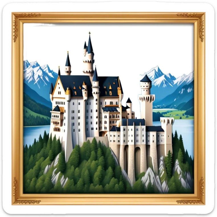 Cinematic Realistic Neuschwanstein Castle Landmark Emoji, depicted as the fairy‚Äêtale castle set against a mountainous backdrop rendered with dramatic lighting and intricate textures. sticker