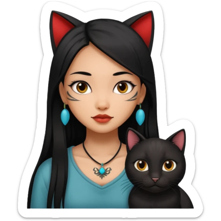 beautiful brown girl, with tattoo, with the long black hair, straight hair, chinese, with black cat sticker