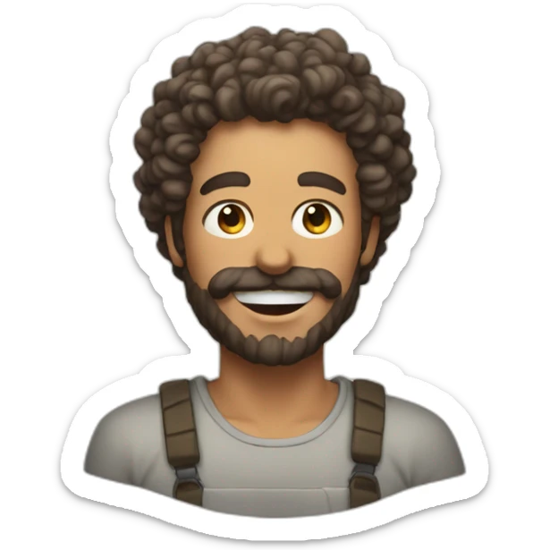 A man with a chin beard' face and curly hair with a piece of asado out of his mouth sticker