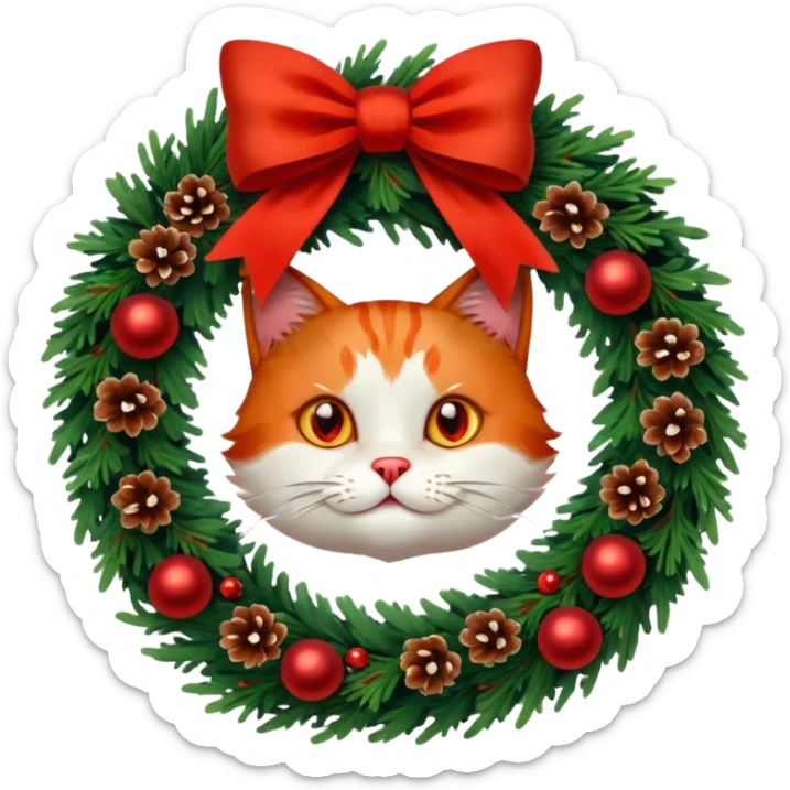 A Christmas wreath made entirely of fir trees, decorated with a red bow at the bottom, pine cones and Christmas tree balls, and a cat poking its face through the hole in the center. sticker