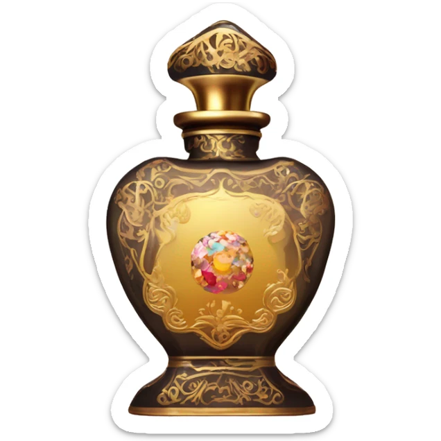 An antique perfume bottle in oriental style, oil perfumes inside, sequins and flowers flying around sticker
