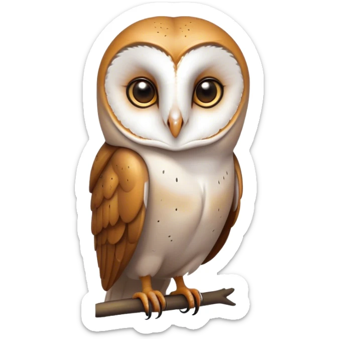 Cinematic Noble Barn Owl Portrait Emoji, Poised and regal, with a slender, graceful build and a striking mottled plumage of whites and browns, deep-set soulful amber eyes, Simplified yet sharp and sophisticated features, highly detailed, glowing with a soft, dignified glow, high shine, intelligent and mysterious, stylized with an air of nocturnal wisdom, focused and attentive, soft glowing outline, capturing the essence of a watchful and confident fowl, so majestic it feels as though it could silently glide out of the screen with effortless authority! sticker