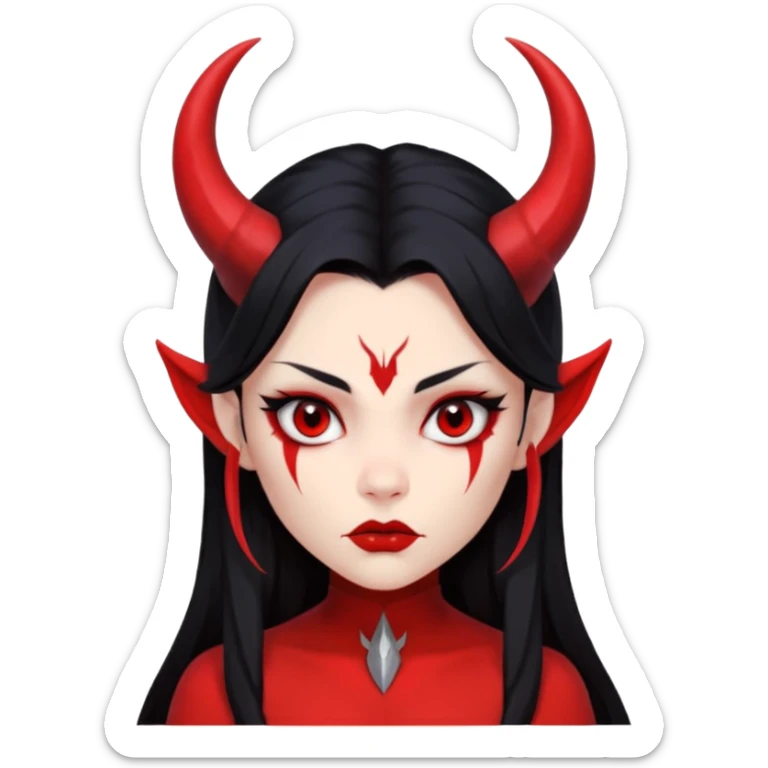 Head only: demon girl, 100% red skin, long black hair, small horns, sharp cheekbones, serious eyes, full lips, pointed ear; centered, no body, no text. sticker