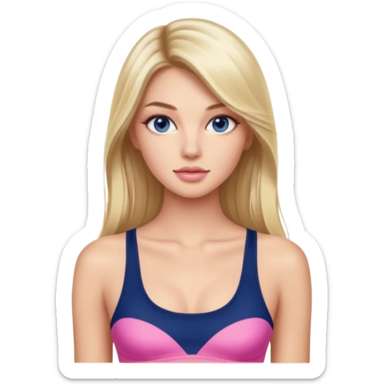 Victoria’s Secret model with long light blonde straight balayage hair, dark blue almond and small eyes, oval face, small lips, skinny long waist, firm legs, pink crop top sticker