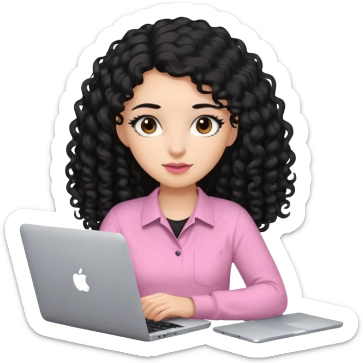 a girl typing mac book with long black curly hair and brown eyes with black eyeliner, pink shirt, social media manager sticker