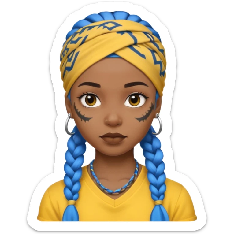 blue braided hair with yellow head bandana and lots of face tattoo black skin girl sticker
