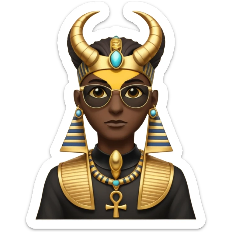 3D cartoon horned character portrait, wearing sunglasses, gothic ancient Egyptian style, pharaoh collar, dark gold and black outfit, ankh symbols, Egyptian jewelry, mysterious expression, soft dramatic lighting, centered, clean background, no text, no watermark sticker
