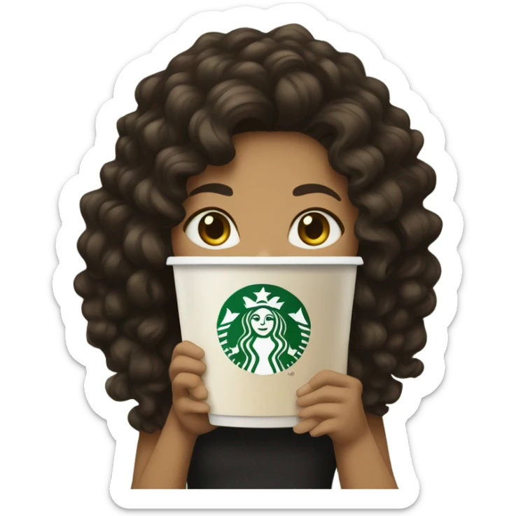 Girl with medium tan skin/  black brown curly long hair with Starbucks  sticker