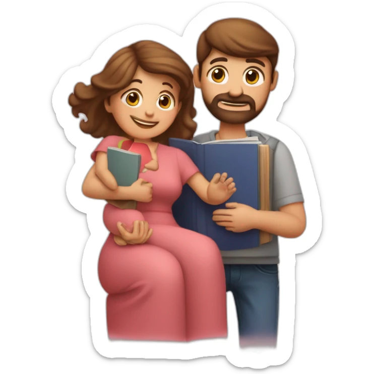 Padre y madre con melena por los hombros con un hijo de 6 años y un libro en la mano sticker