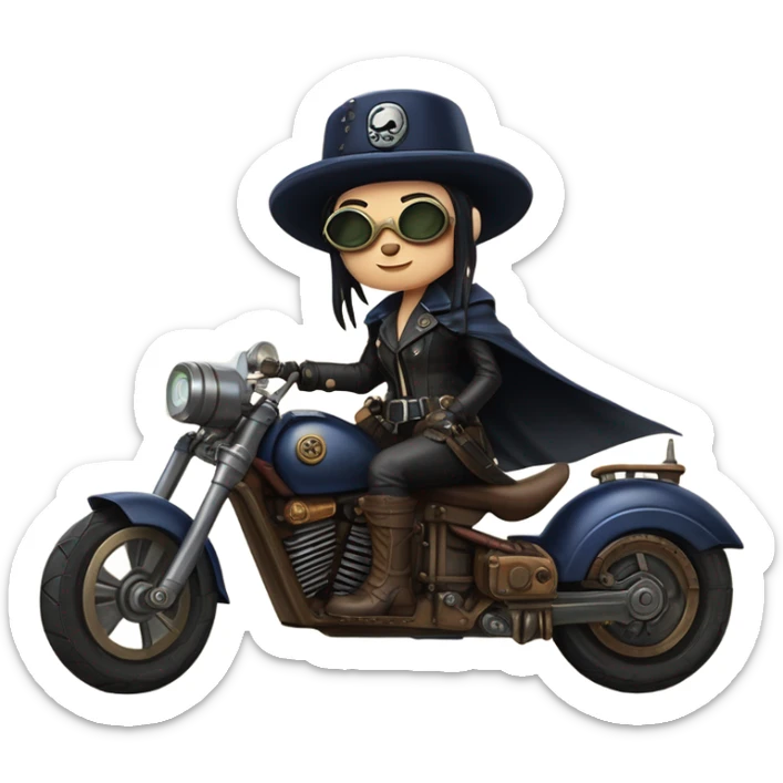 Bounty hunter Wednesday Addams Jedi wearing a pair of navy-blue rimmed steampunk goggles, hat, leather chaps, fringe jacket riding a relaxed distressed sci-fi 3 wheeled steampunk electric motorcycle with large fenders and saddlebags in desert town  sticker