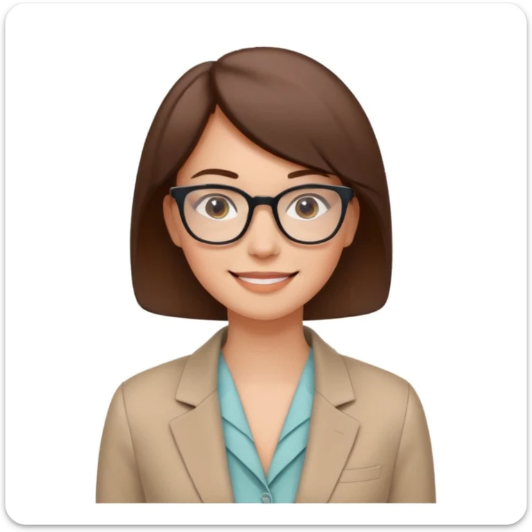 clean emoji-style avatar of a smiling woman with glasses, short brown hair, and a blazer, friendly minimal look, soft colors, plain or lightly colored background, modern vector illustration style for startup websites sticker