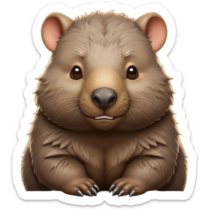 Cinematic Noble Wombat Portrait Emoji, Poised and regal, with a stout, muscular build and a dense, shaggy fur of earthy brown, deep-set soulful eyes with a hint of gruff wisdom, Simplified yet sharp and sophisticated features, highly detailed, glowing with a warm, dignified glow, high shine, intelligent and sturdy, stylized with an air of bushland majesty, focused and attentive, soft glowing outline, capturing the essence of a watchful and confident burrower, so majestic it feels as though it could plod out of the screen with effortless authority! sticker