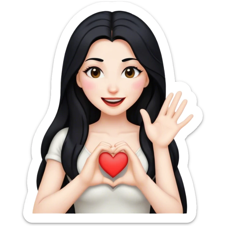 Woman with white skin and long black hair winking. Small heart mark with her hands. sticker