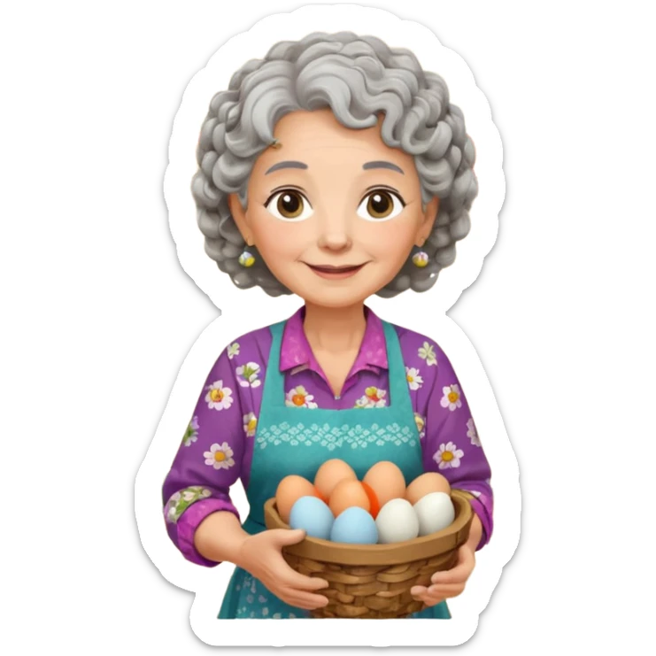elderly rural woman, round face, gentle smile, curly gray hair, floral blouse, colorful apron, holding basket with eggs garlic herbs, pastel palette, big eyes, Chilean wooden kitchen background, clay pots, warm light, detailed clean vector art sticker