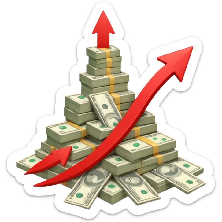 a pile of money with red arrow up with a strategy paper background sticker