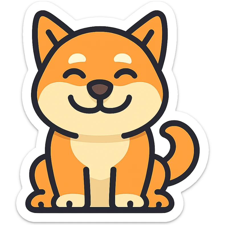modern vector style logo of a relaxed Shiba Inu dog with big smile warm cheerful colors minimalist design no text no background elements tech friendly vehicle UI sticker