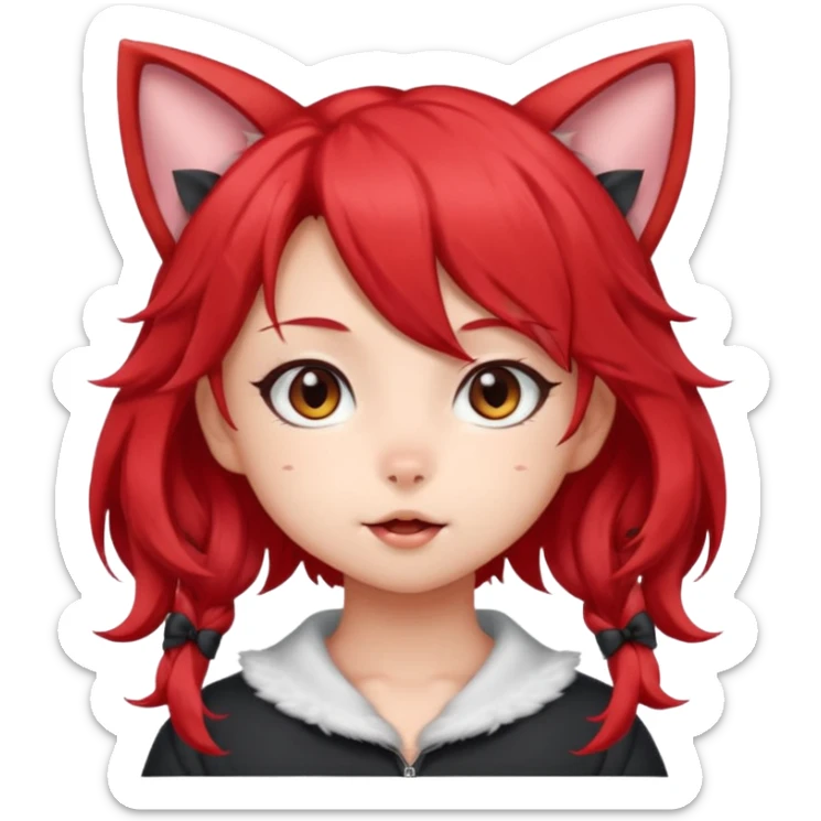 very cute anime cat-girl with small cat ears, red blowing hair sticker