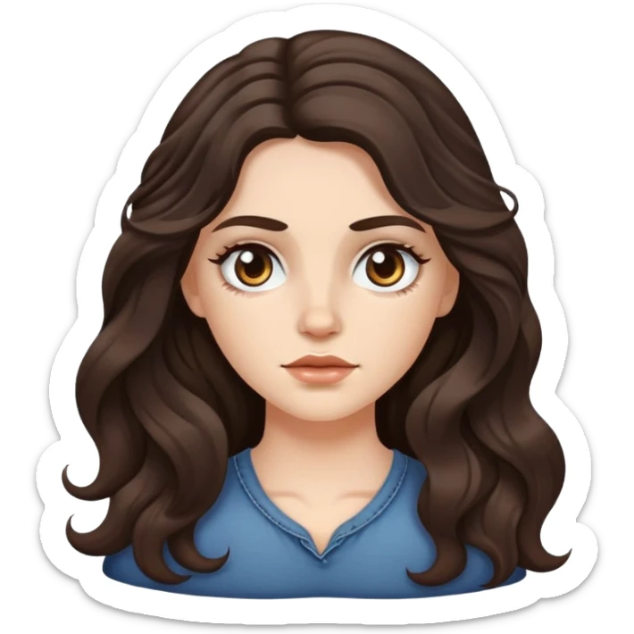 A white girl with long dark brown wave hair and patches under her eyes sticker