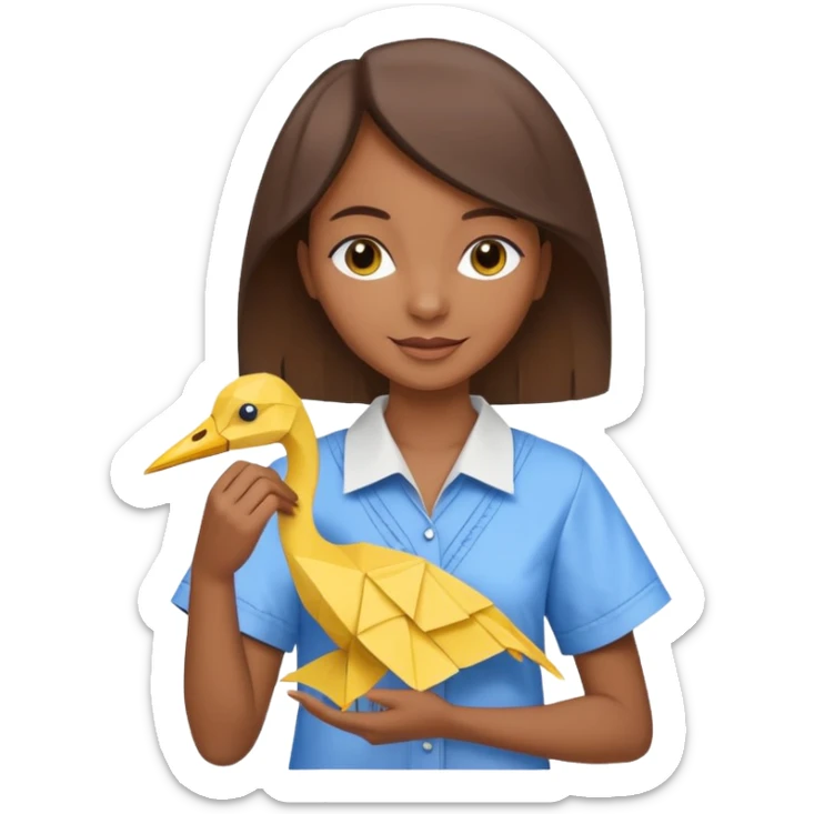 happy-african-young-girl-with-brown-hair-in-a-white-vintage-kanga-shirt-holds-an-origami-yellow-and-blue-crane sticker