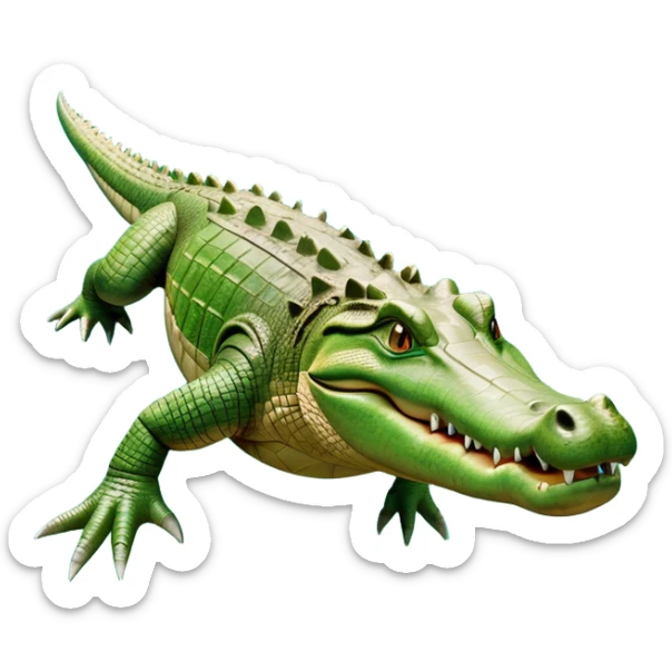 cinematic-crocodile-realistic-full-body-on all fours-emoji,-massive-scaled-body-partially-submerged-in-shallow-water,-head-tilted-dramatically,-rough-green-and-brown-hide-textured-with-deep-ridges,-simplified-yet-realistic-focused-features, head held high sticker