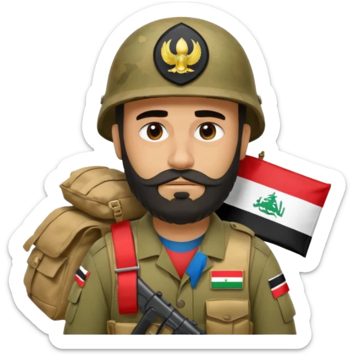 A very tired and sad, swarthy Iraqi soldier with a beard, an Iraqi flag on his helmet, a sad expression and bags under his eyes sticker