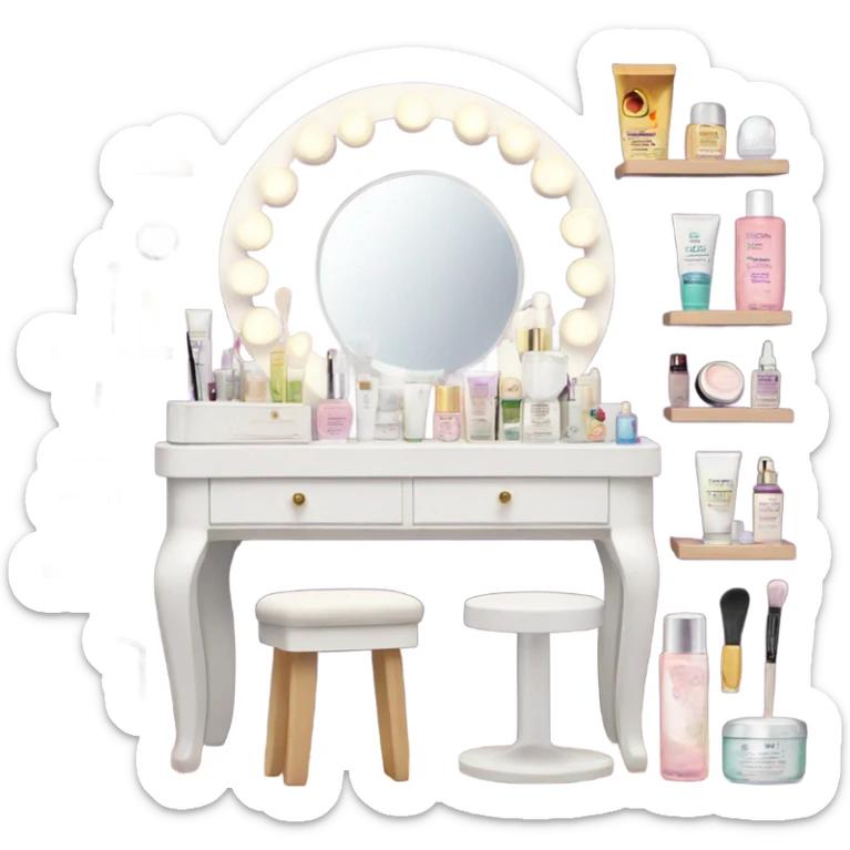 White vanity with a lot of skincare and makeup with lights on the mirror sticker