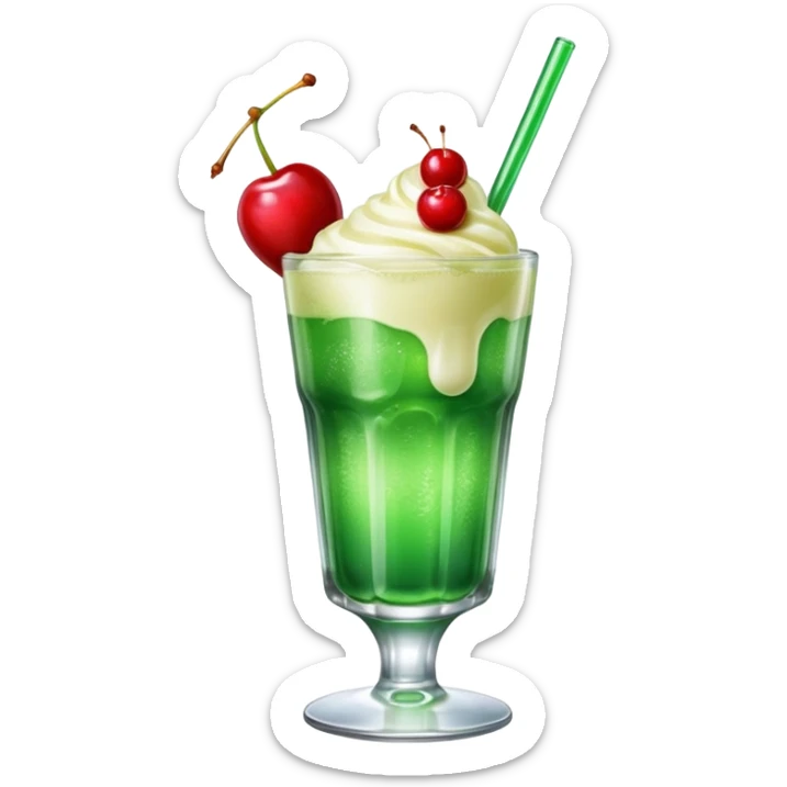 Create an emoji with a clear rounded glass, bright transparent green soda with fine bubbles, a smooth vanilla scoop circle shape, a glossy red cherry, using vibrant colors, soft shading, and clear glass highlights.
 sticker