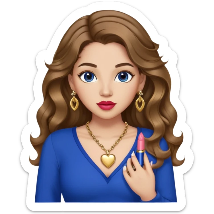 Light skinned girl, long wavy brown hair center-part with face framing pieces, big hazel eyes, gold heart necklace and earrings, royal blue long sleeve top, prominent blush, sassy, big lips, fancy long acrylic nails done, holding lipstick. She is curvy sticker