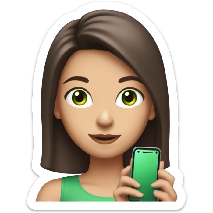 Brunette girl with a pink lock of hair, with green eyes, holding a phone sticker