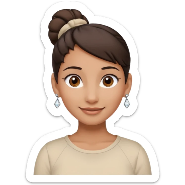 generate a pretty bratz girl with dark brown eyes. Dark brown hair tied in a single bun, tight beige shirt with top shirt open. diamond studs in ears. airpods in ear sticker
